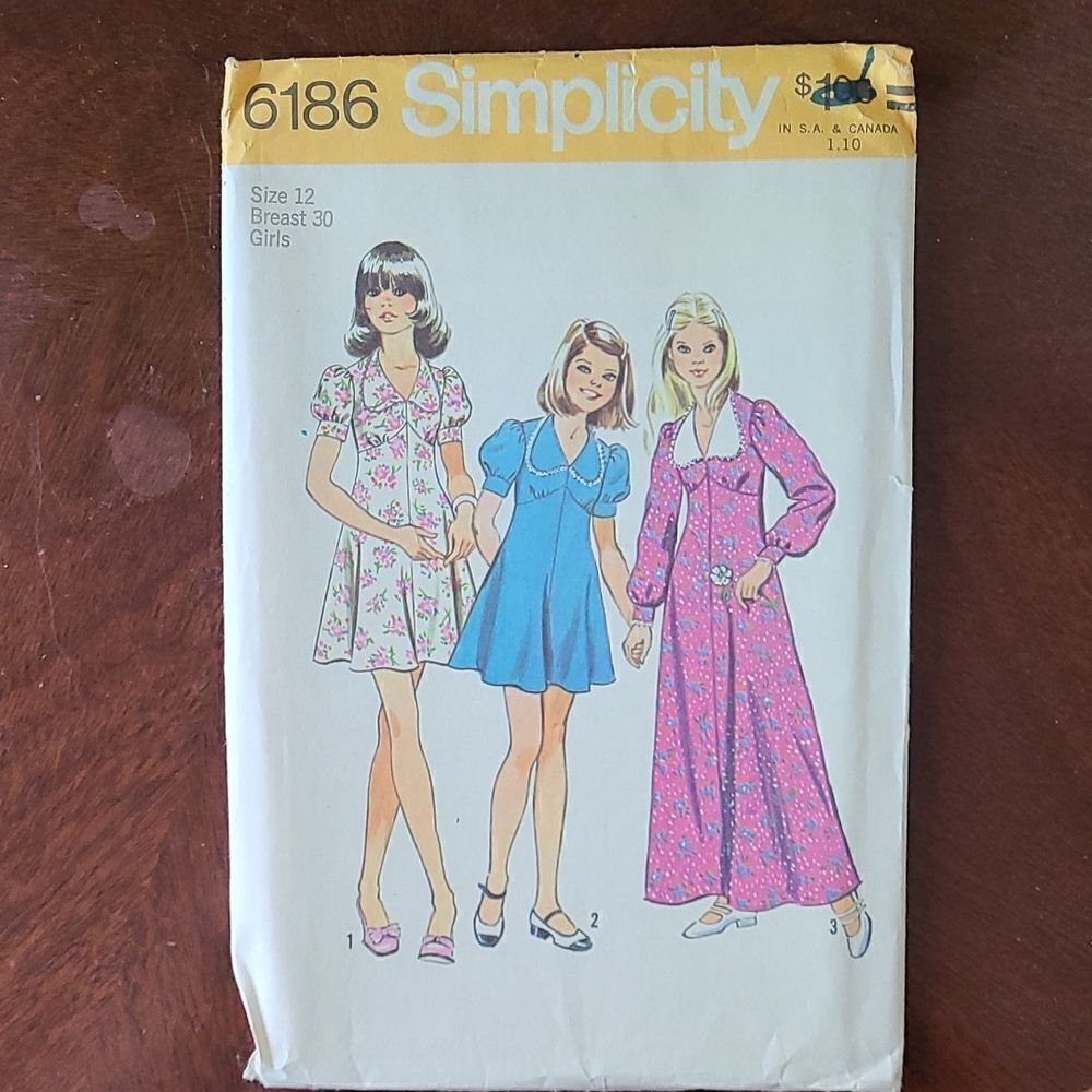 3/$15 Vintage 1973 Girls Dress Simplicity Sewing Pattern 6186 sz 12 
